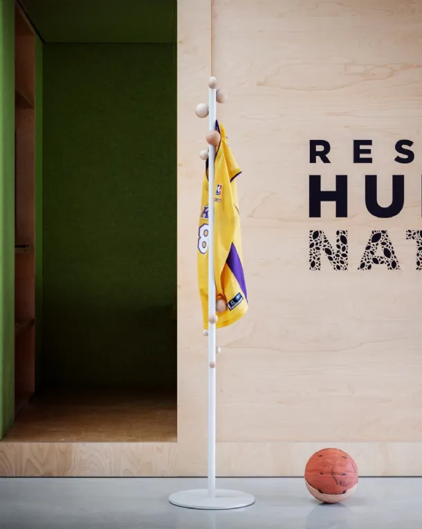 Bubble coat rack in white lacquered metal with beech spheres by Miniforms.