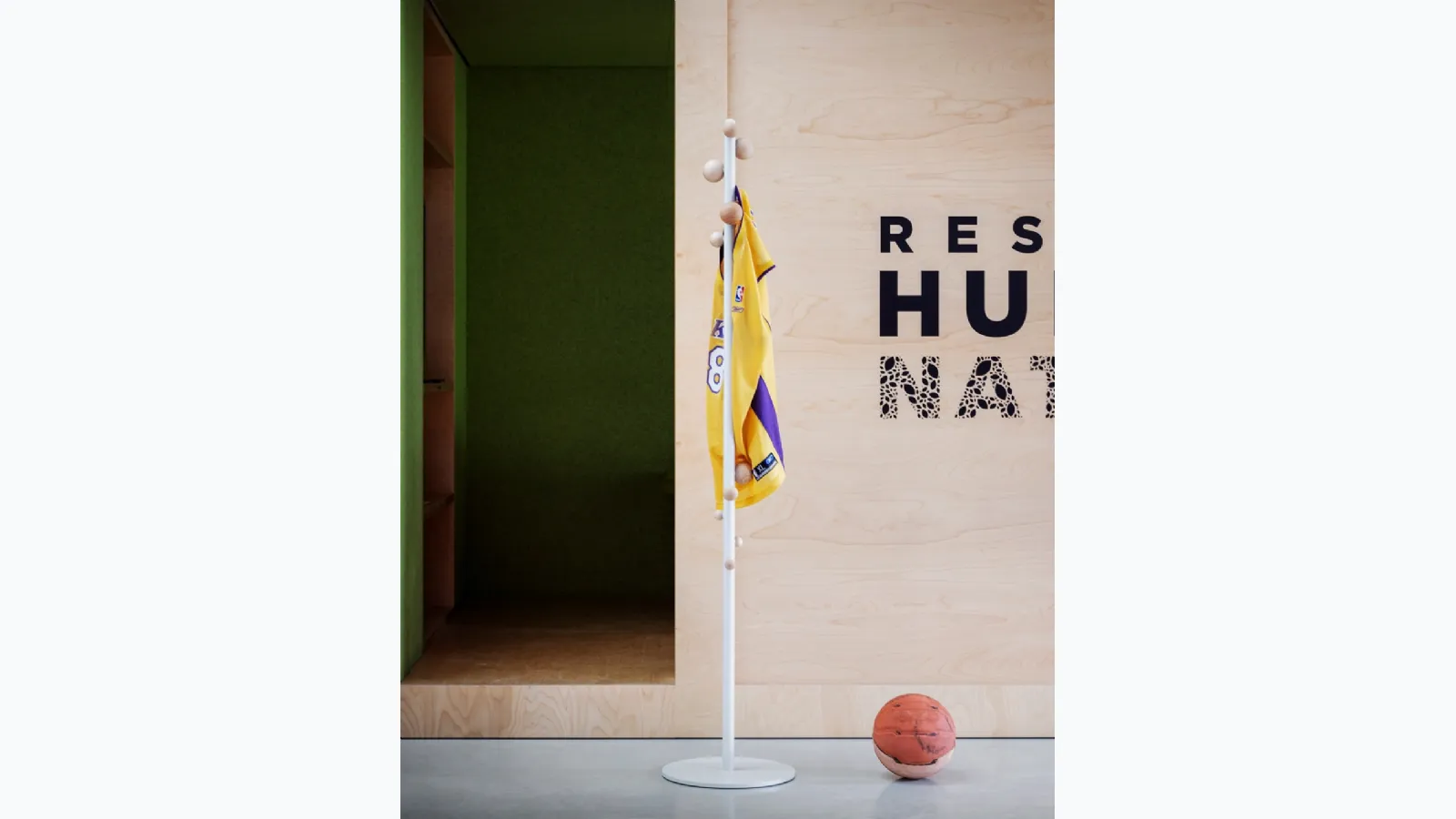 Bubble coat rack in white lacquered metal with beech spheres by Miniforms.