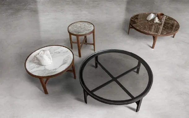 Solid wood coffee tables with marble or smoked glass top Cyclos by Alivar.
