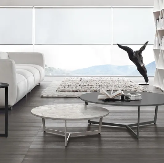 Coffee table in chromed steel with a marble or lacquered MDF top, Harpa by Alivar.