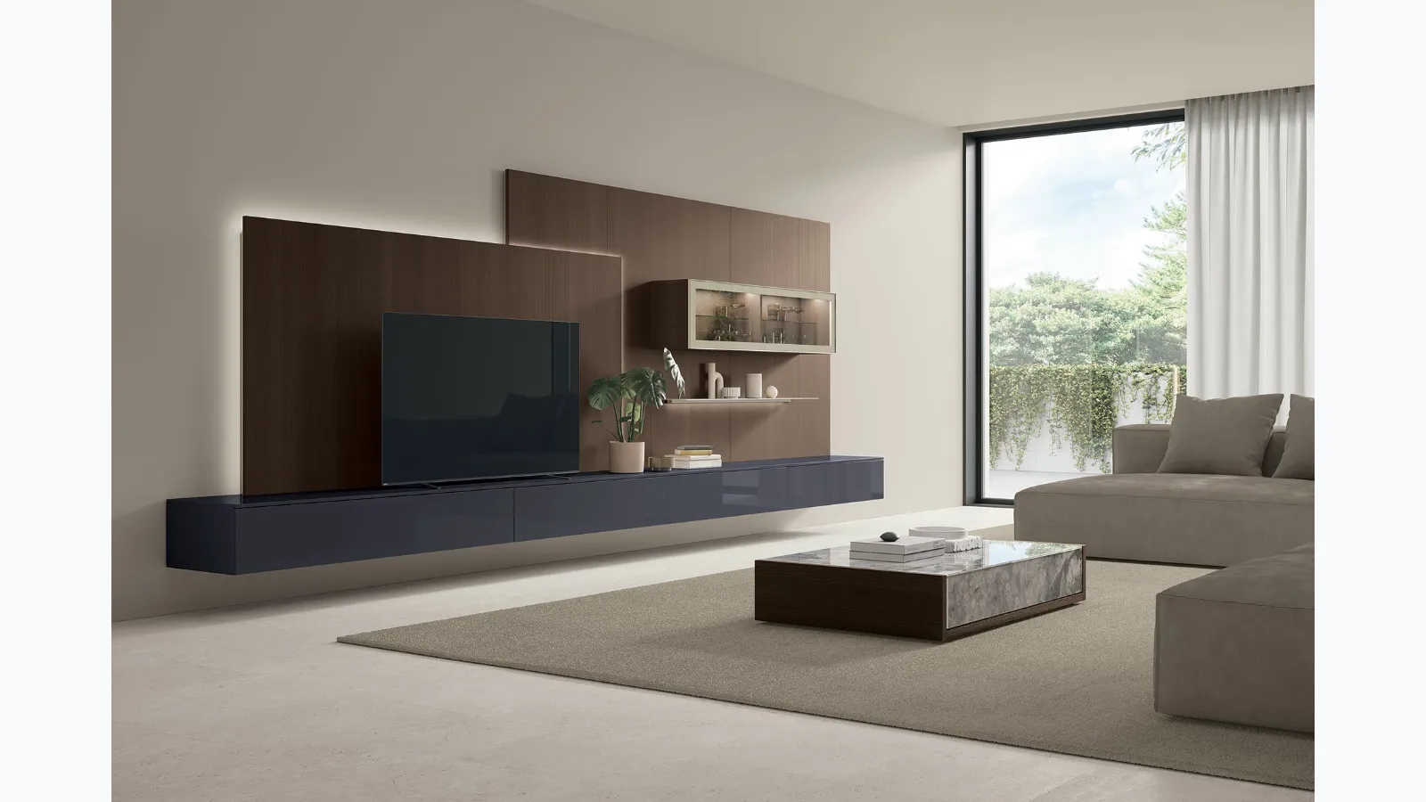 Kenzo coffee table in glass decor and textured oak by Tomasella