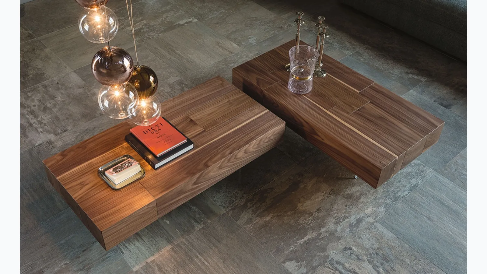 Walnut coffee table with transparent acrylic legs, Cattelan Italia's Ingotto.