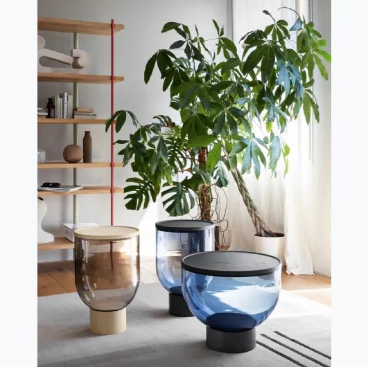 Mastea coffee table in Murano glass with wooden top and base by Miniforms.