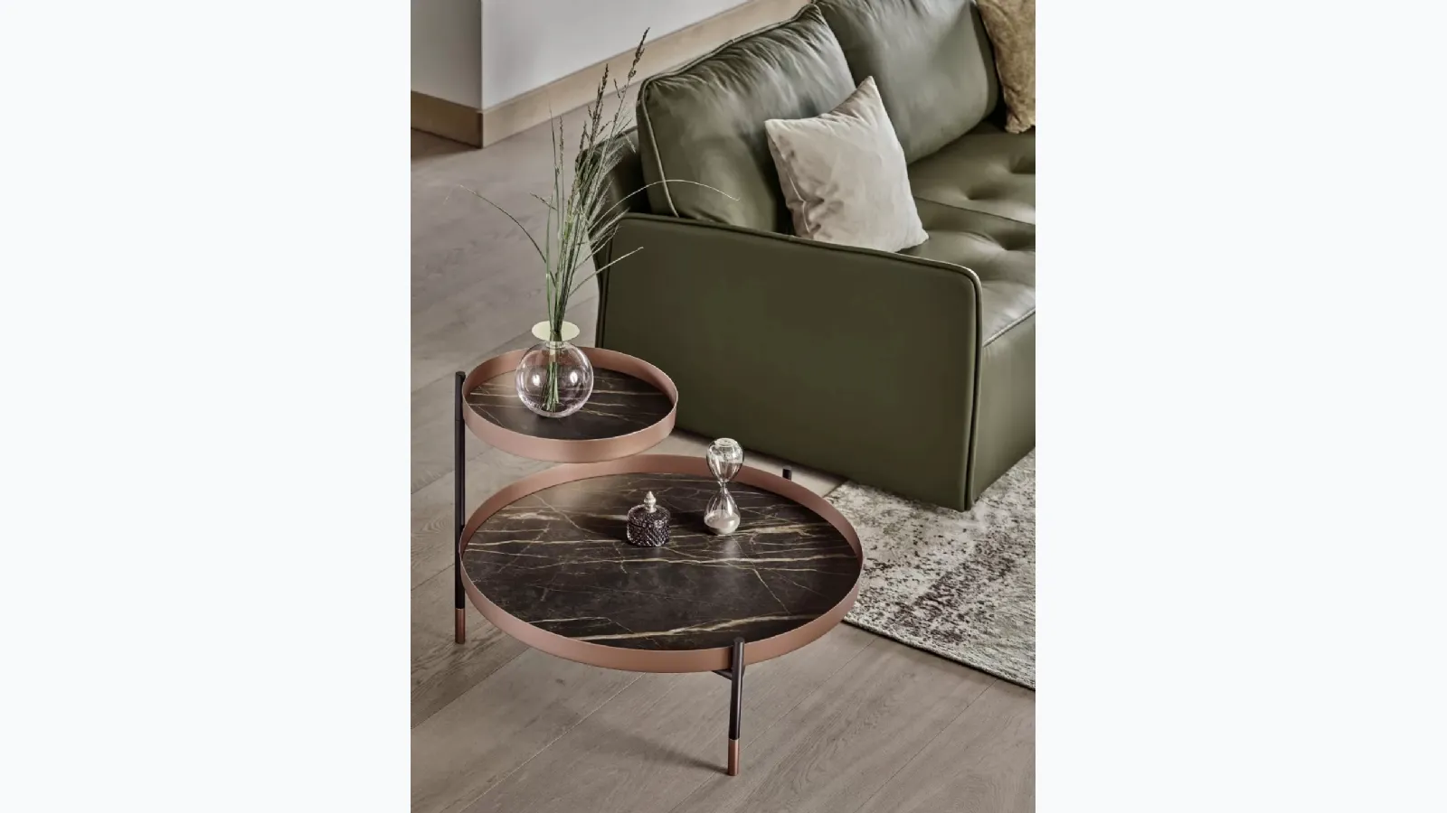 Planet coffee table with SuperMarble tops and lacquered steel structure by Bontempi.