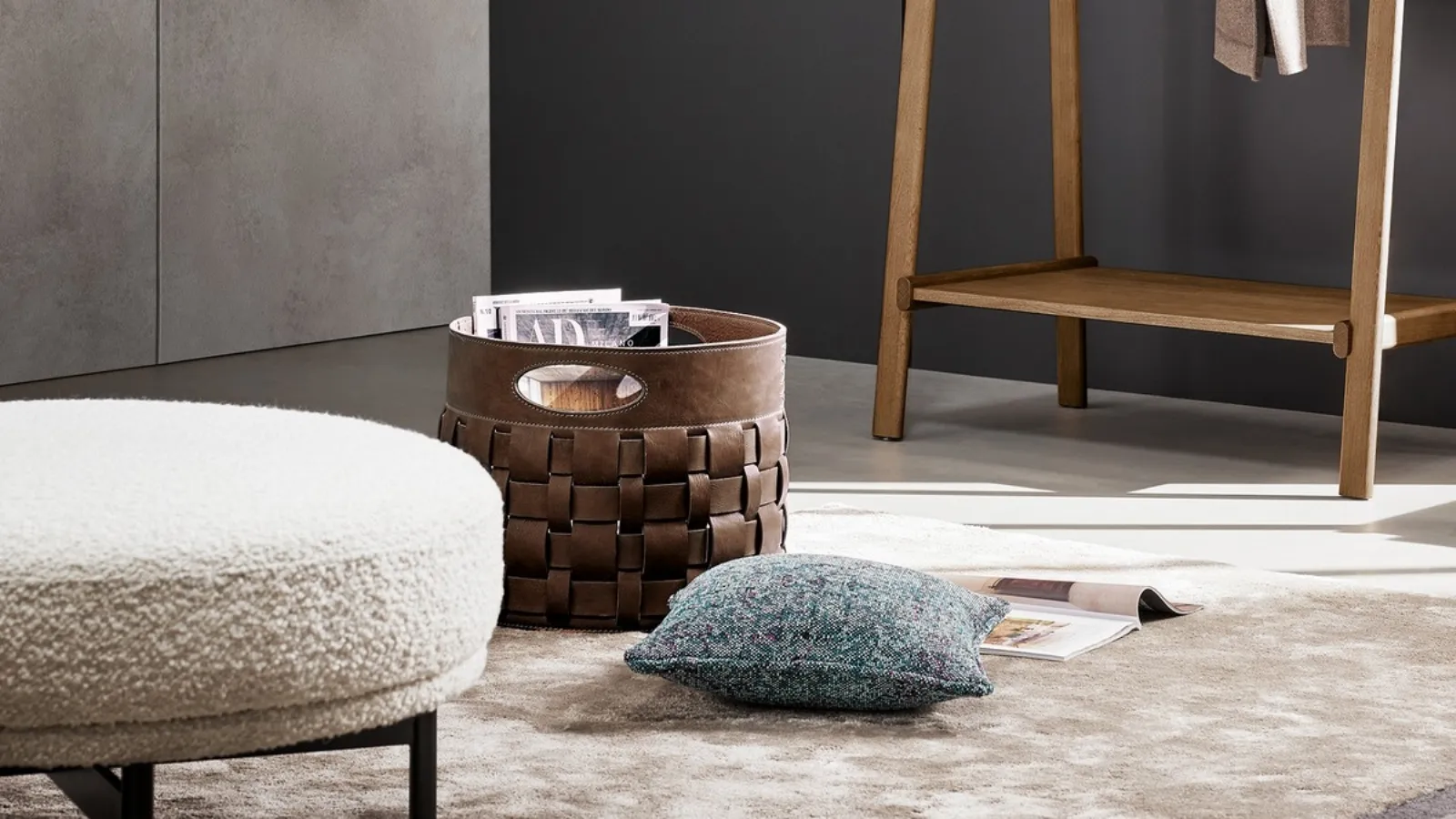 Bonaldo's woven leather magazine rack called Roger.