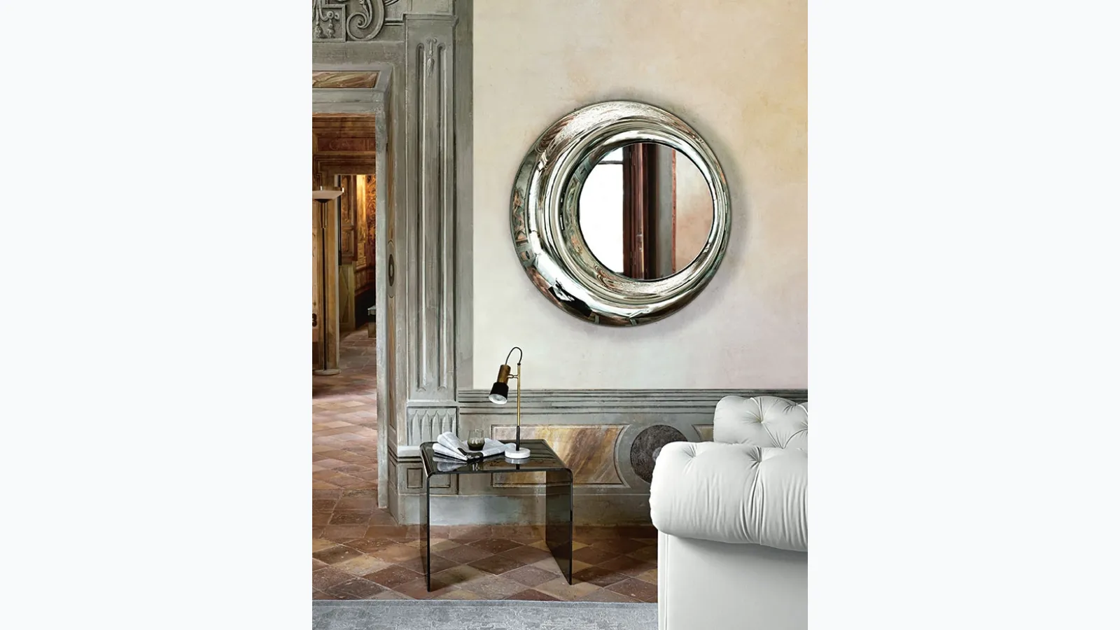 Glass-framed Rosy mirror with silvered glass backing by Fiam.