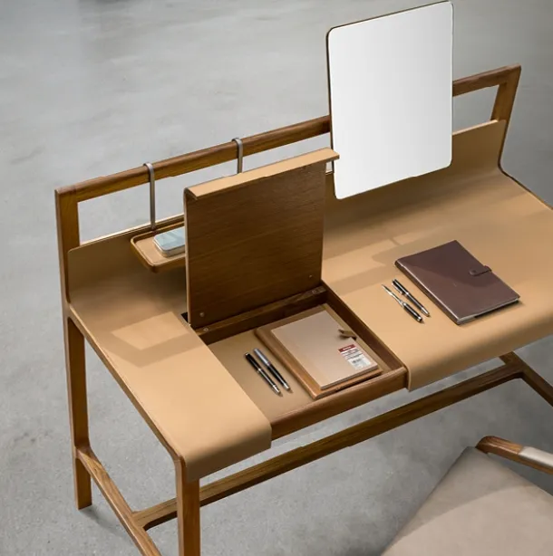 Solid wood Scribe desk with leather-covered top by Alivar.