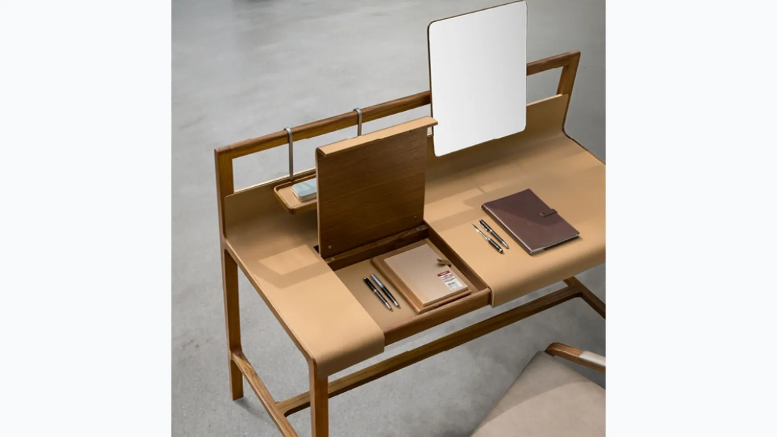 Solid wood Scribe desk with leather-covered top by Alivar.