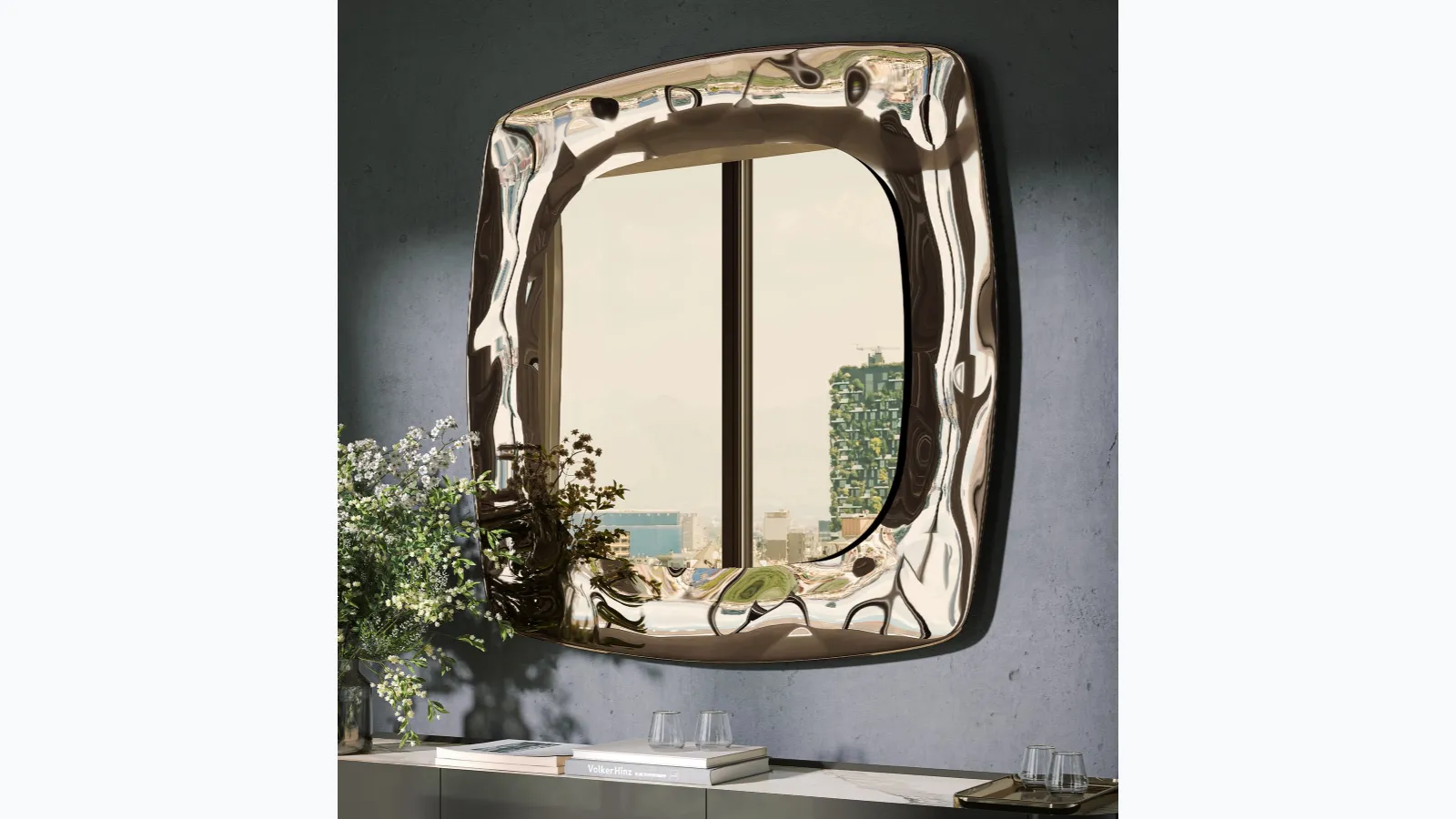 Eos mirror with a frame in fused glass by Tonin Casa