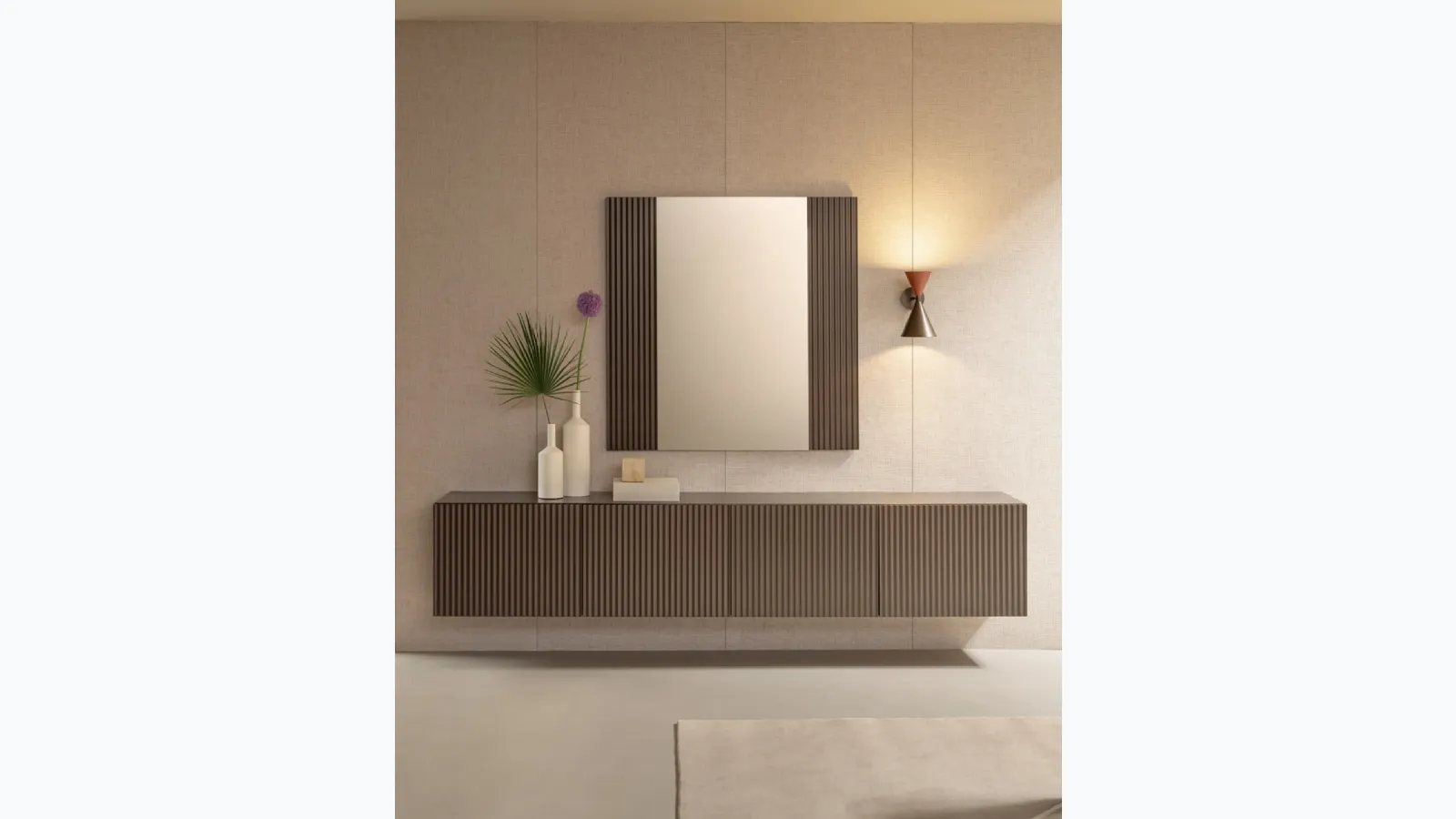 Onda Mirror with ribbed wooden frame by Riflessi
