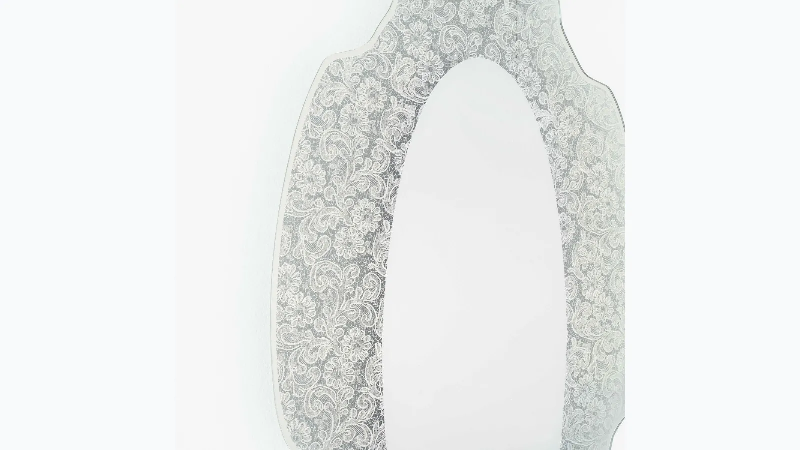 Spizzo mirror with lace insert reflecting from Glas Italia