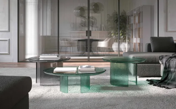 Atollo coffee table in hammered glass by Tonin Casa.