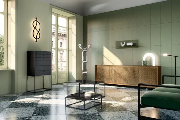 Box coffee table with glass top and metal base by Capo d'Opera