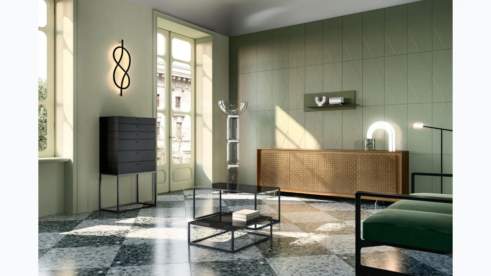 Box coffee table with glass top and metal base by Capo d'Opera