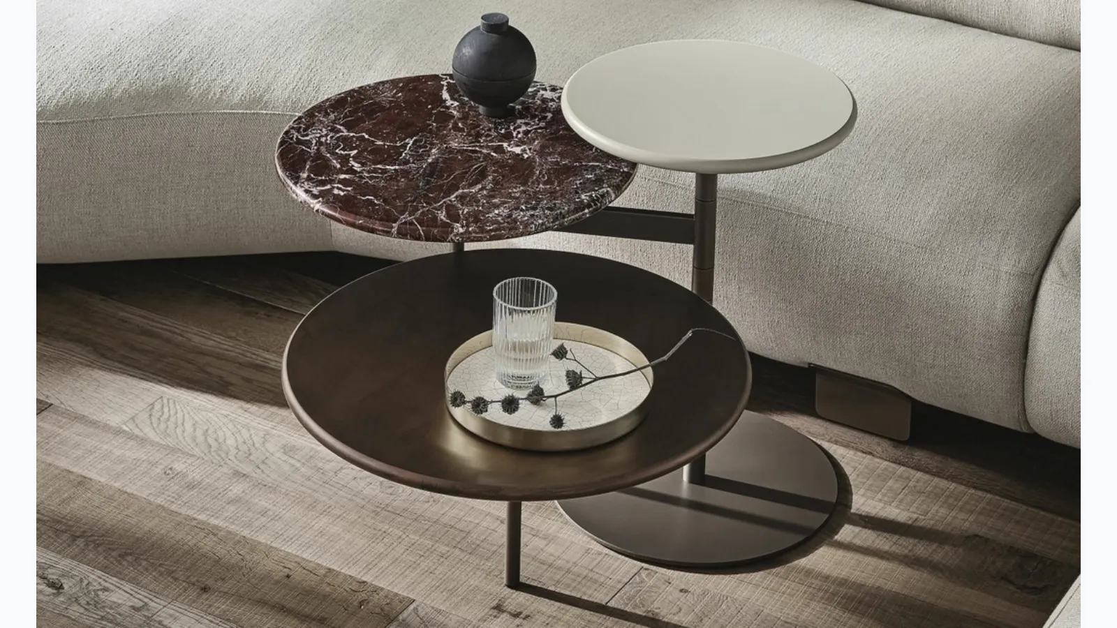 Tris coffee table with metal structure and MDF and marble tops by Ditre Italia.