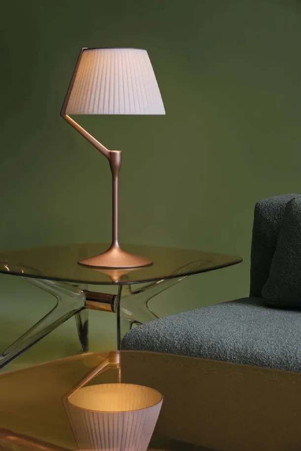 Angelo Stone table lamp in aluminum with diffuser covered in Kartell fabric.
