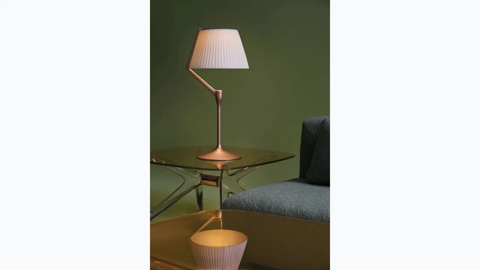 Angelo Stone table lamp in aluminum with diffuser covered in Kartell fabric.