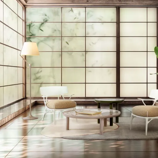 Angelo Stone floor lamp in aluminum with a diffuser covered in Kartell fabric.