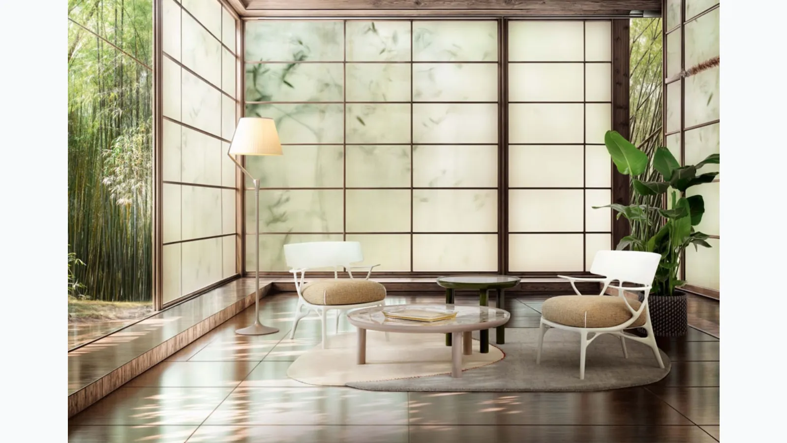 Angelo Stone floor lamp in aluminum with a diffuser covered in Kartell fabric.