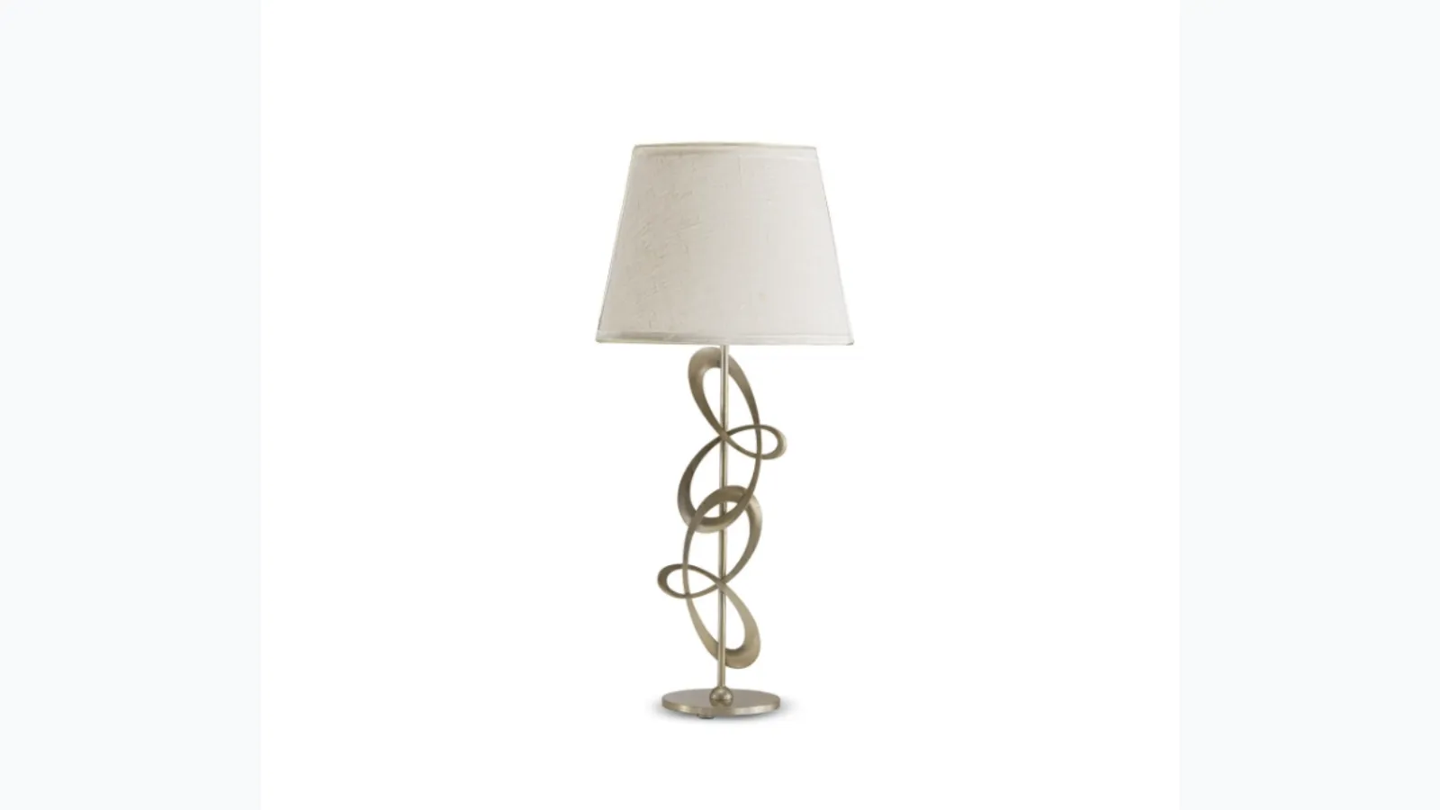 Decò flat iron table lamp with lampshade in Cantori fabric.