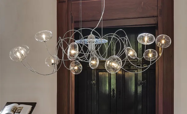 Pendant lamp with chromed arms and crystal lampshades Oktopus by Cattelan Italia.