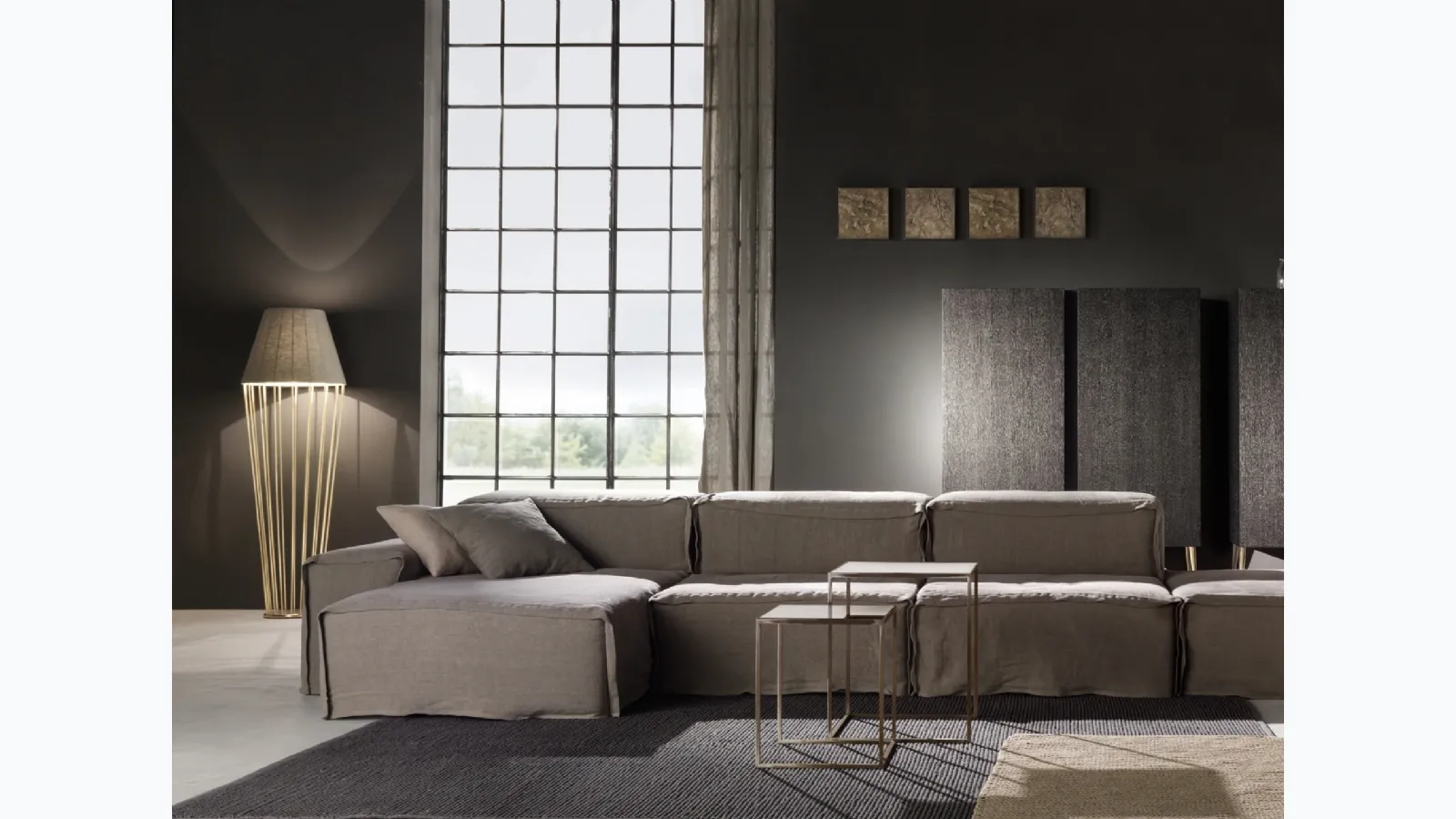 Sofia floor lamp Tall floor lamp with short metal and linen lampshade by Cantori.