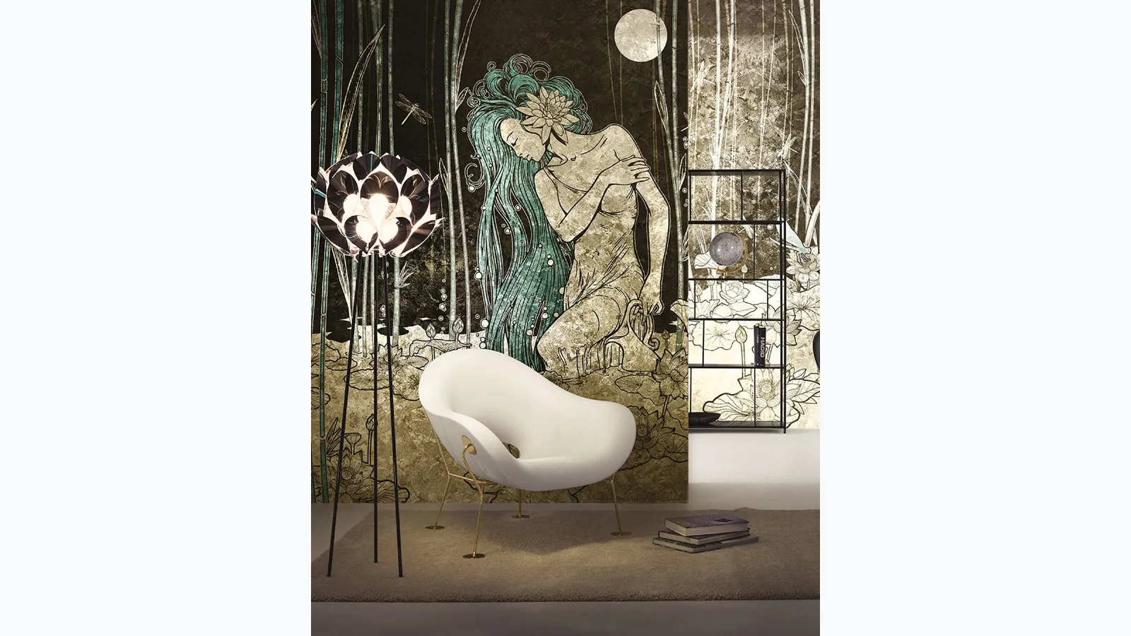 Goldenwall wallpaper with artistic illustration Blue Moon by Inkiostro Bianco