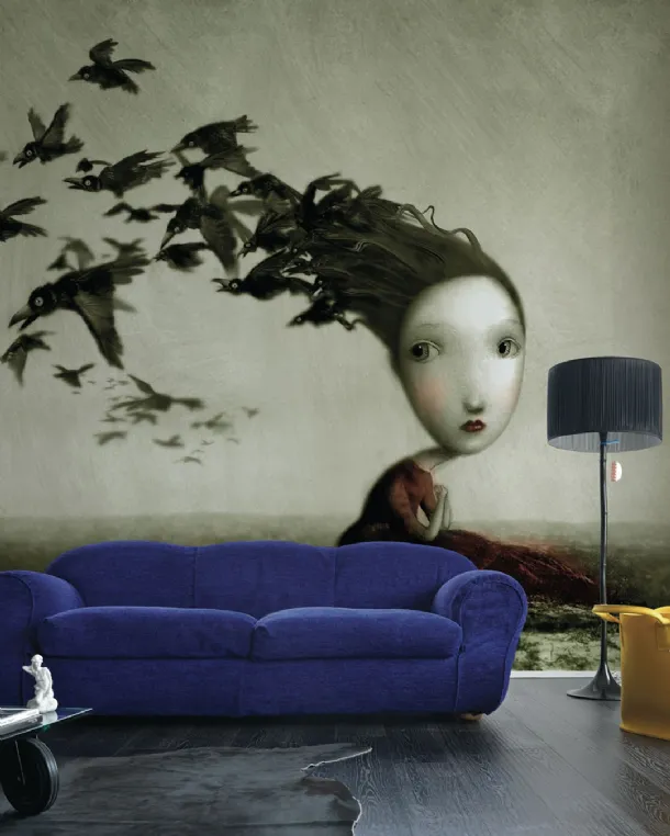 Wallpaper with artistic illustration of White Ink Ravens