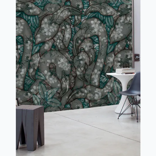 Tropical-inspired wallpaper with white ink flamingo flamenco.