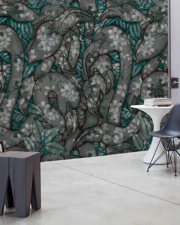 Tropical-inspired wallpaper with white ink flamingo flamenco.