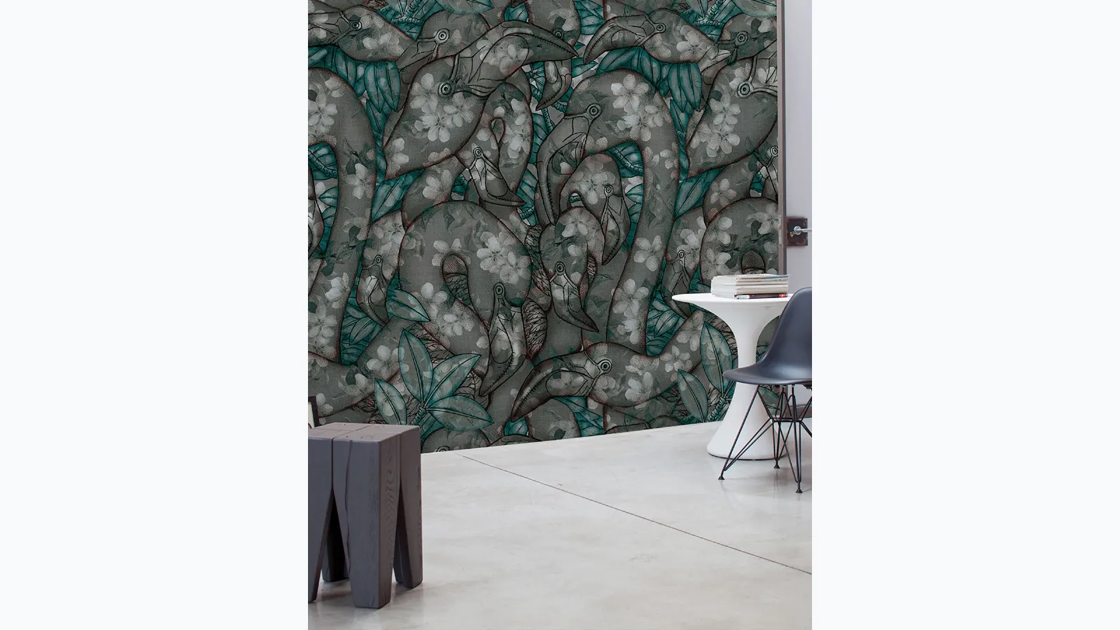 Tropical-inspired wallpaper with white ink flamingo flamenco.