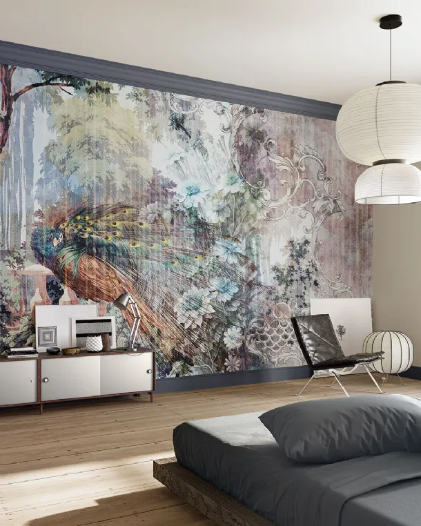 Floral wallpaper with gaudy peacock by Inkiostro Bianco.
