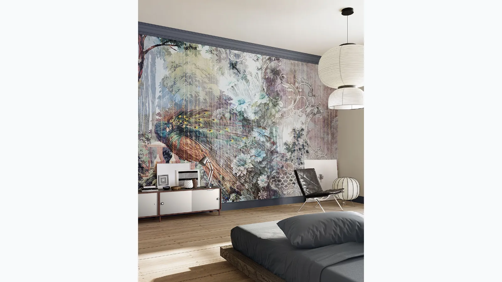 Floral wallpaper with gaudy peacock by Inkiostro Bianco.