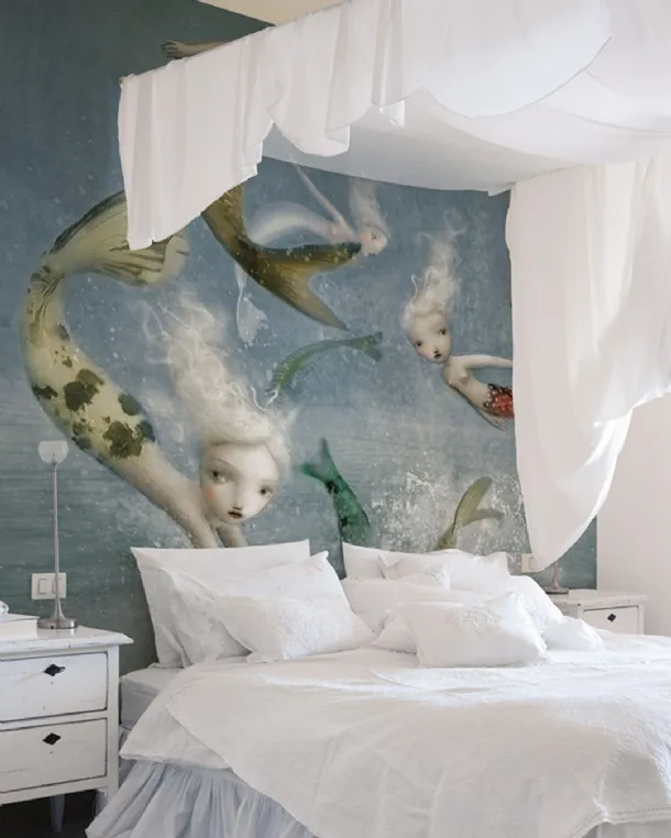 Wallpaper with artistic illustration inspired by the Mermaids mermaids by Inkiostro Bianco.