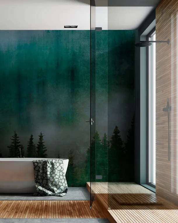 Wallpaper with illustration of a Misty Forest by Inkiostro Bianco.
