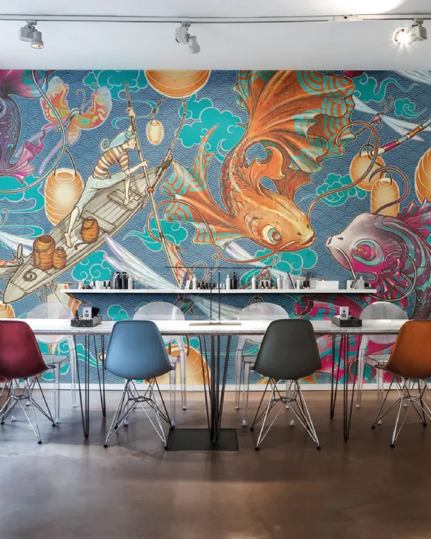 Wallpaper with oriental illustration Silent Sky by Inkiostro Bianco