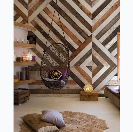 Geometric wallpaper with a wooden effect called 