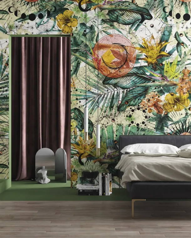 Wallpaper with tropical inspired illustration Zodiac by Inkiostro Bianco.