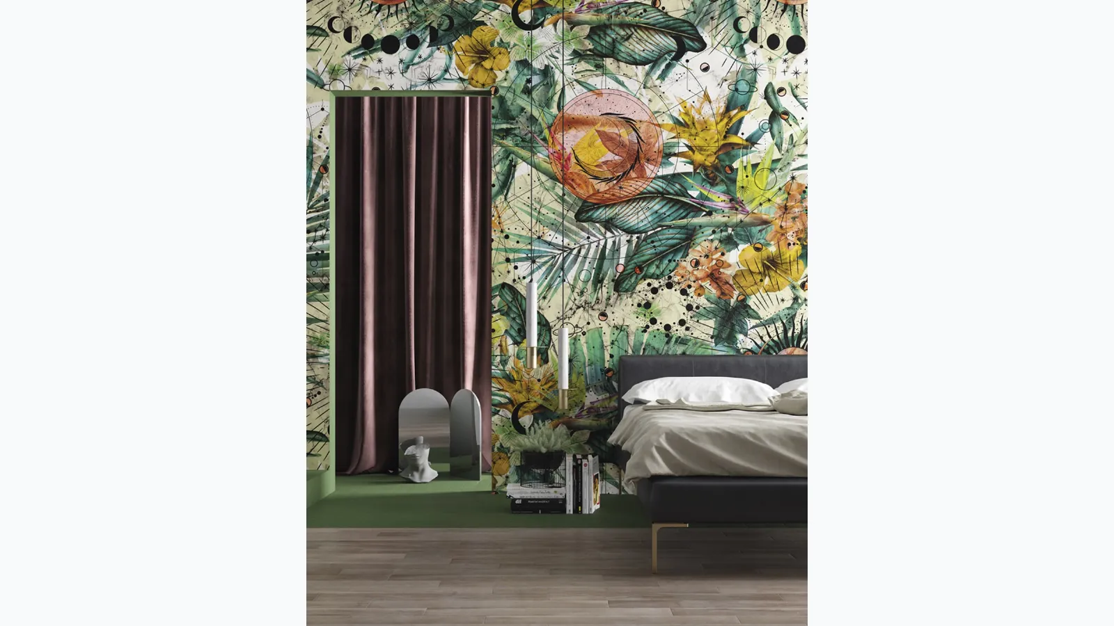 Wallpaper with tropical inspired illustration Zodiac by Inkiostro Bianco.