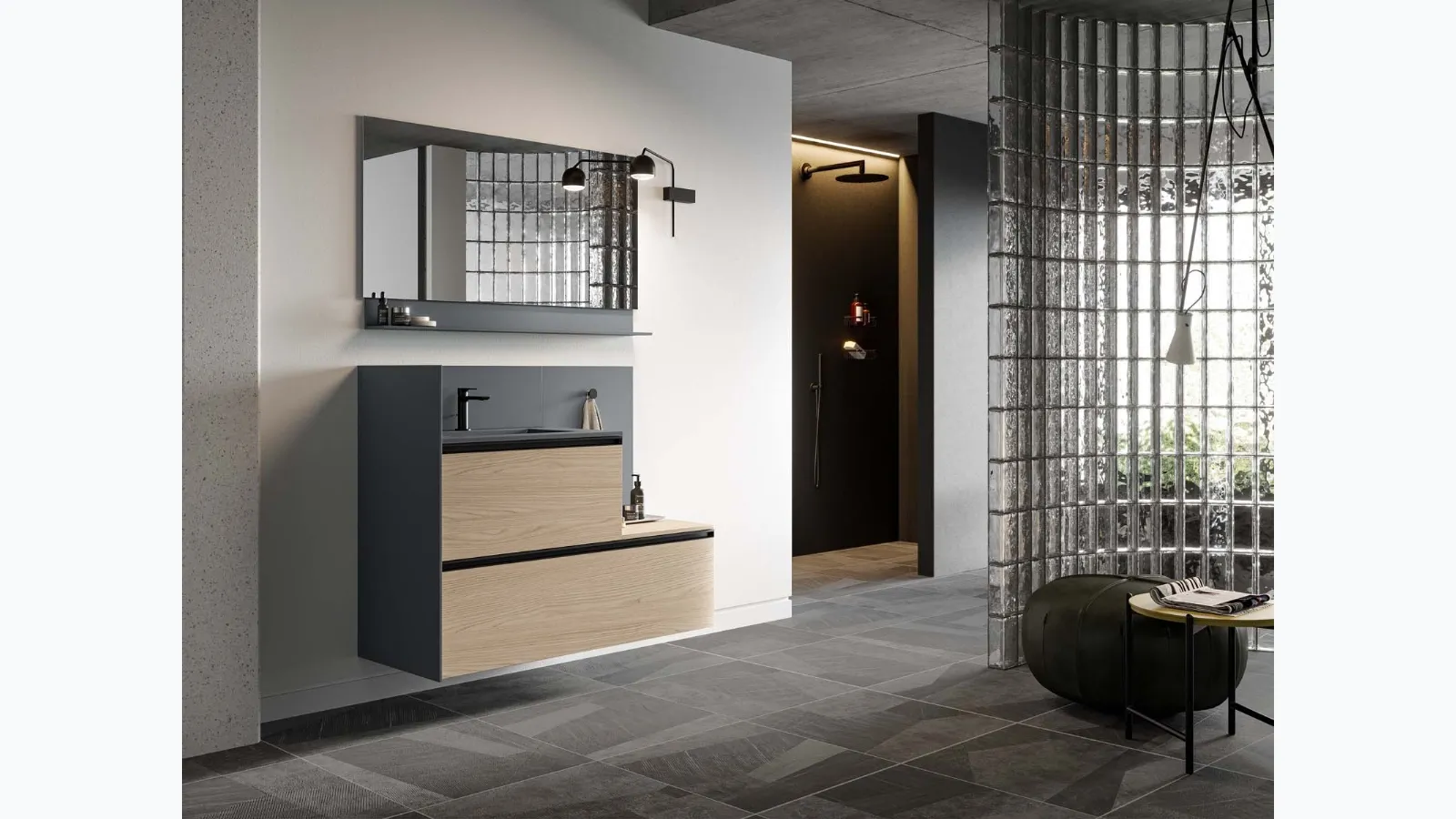 Suspended bathroom vanity Deep 03 in Virginia oak materic by Birex.