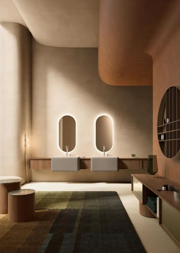 Wall-hung bathroom unit in walnut Canaletto from the Des Evolution 04 collection by Cerasa.