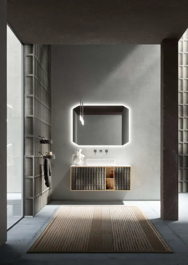 Suspended Des Evolution 07 bathroom cabinet in light oak by Cerasa.