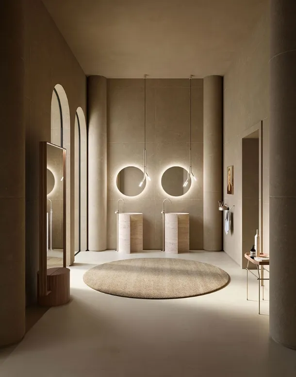 Freestanding Evolution Caramel 01 Washbasin in Travertine Resin Stone by Cerasa