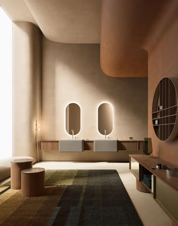 Bathroom furniture Des Evolution Caramel 02 in Canaletto Walnut with resin sinks by Cerasa.