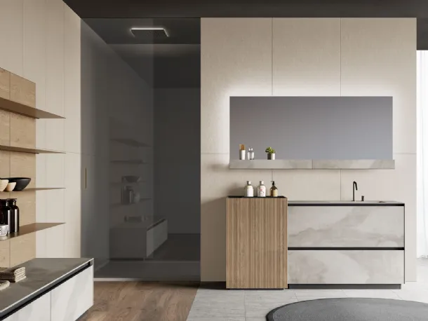 Birex Facto 03 floor-standing bathroom unit in gres and oak veneer in visone.