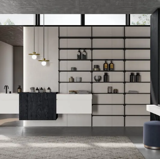 Suspended bathroom cabinet in matte white lacquer and charcoal oak essence Facto 06 by Birex.