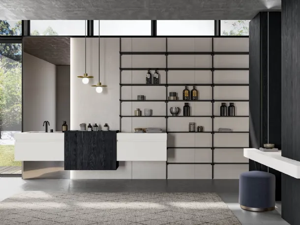 Suspended bathroom cabinet in matte white lacquer and charcoal oak essence Facto 06 by Birex.