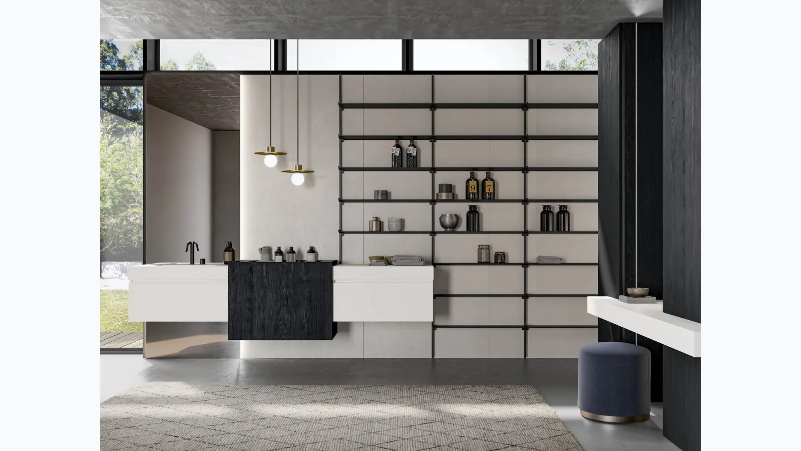 Suspended bathroom cabinet in matte white lacquer and charcoal oak essence Facto 06 by Birex.