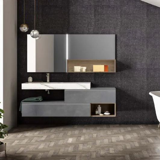 Suspended bathroom cabinet in lead metallic lacquer Lapis 05 by Birex.