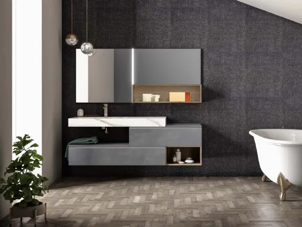 Suspended bathroom cabinet in lead metallic lacquer Lapis 05 by Birex.